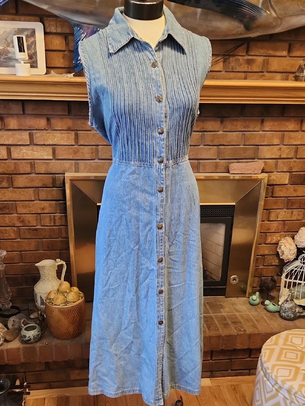Cherokee Sleeveless Light Blue Denim Midi Dress with Button Front Tie Back Large